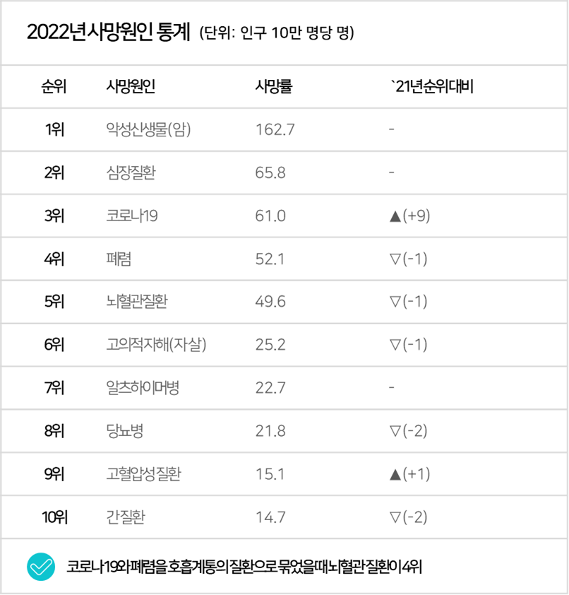 2022년 사망원인 통계 [출처 : 통계청 보도자료, 2022년 사망원인통계 결과, 2023.09.21]