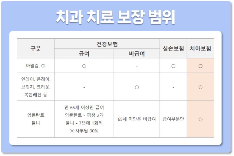 치과 치료 보장 범위 [출처 : 심평원 비급여항목]